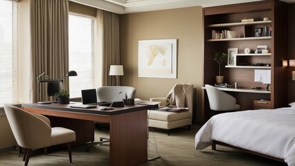 Interior of a hotel bedroom including an unoccupied workstation, bed, bookcase, and décor