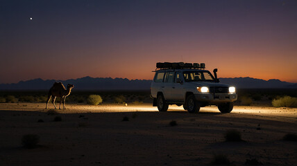 Fototapeta premium jeep and camel in the desert