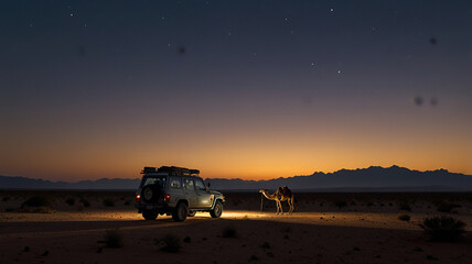 Fototapeta premium jeep and camel in the desert