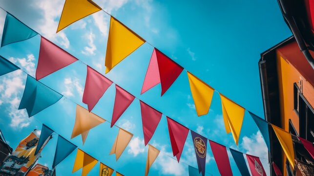 Colorful triangular flags decorate a sunny street in a vibrant urban neighborhood, creating a festive atmosphere