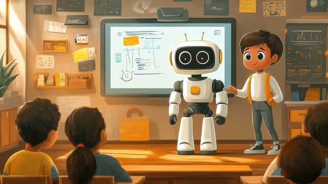 Child Teaching Robot to Classmates in Modern Classroom with Interactive Whiteboard - Powered by Adobe
