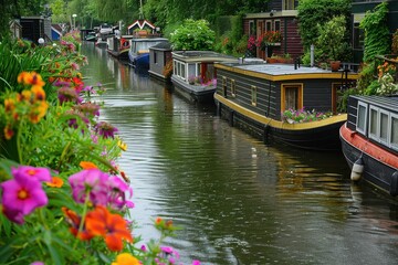 Obraz premium Panoramic View of Tranquil Canal with Houseboats and Flowers