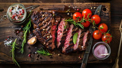 Photograph of grilled steak well seasoned on wooden board. restaurant.