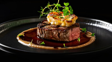 Photograph of elegant dish with well-seasoned grilled steak, sauce and rustic potatoes. restaurant.