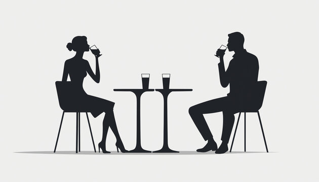 Silhouette couple homme femme rendez-vous galant verre vin terrasse assis.