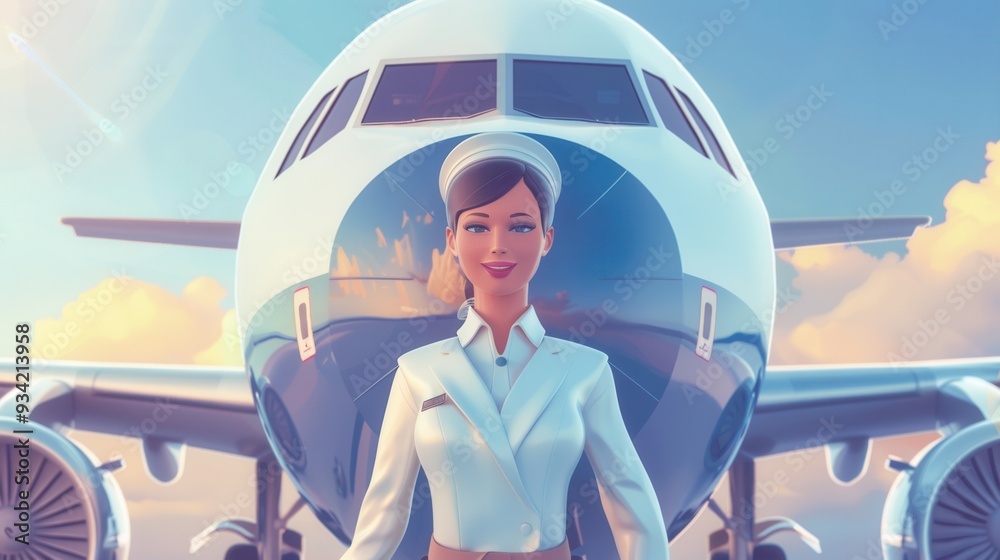 Poster A flight attendant greets passengers with a friendly smile as she stands in front of a large commercial airplane during sunny weather. Generative AI