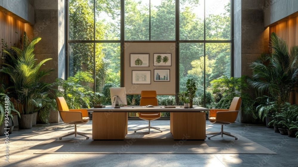 Poster bright sunlight streams through tall windows illuminating a contemporary workspace filled with green