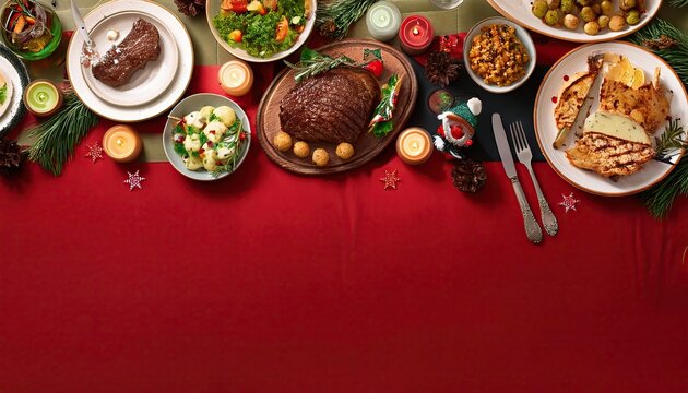 Flat lay of Delicious Christmas themed dinner table
