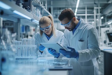 Making sense of their latest findings. Shot of two scientists working together on a digital tablet in a lab, Generative AI
