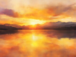 Fototapeta premium Majestic Sunset Reflection on Tranquil Lake with Dramatic Mountain Landscape
