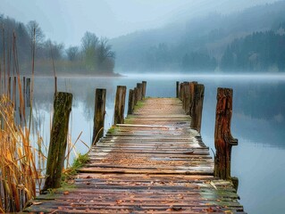 Obraz premium Rustic Dock Extends into Tranquil Lake