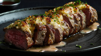 Photograph of elegant dish with well-seasoned grilled steak, sauce and rustic potatoes. restaurant.