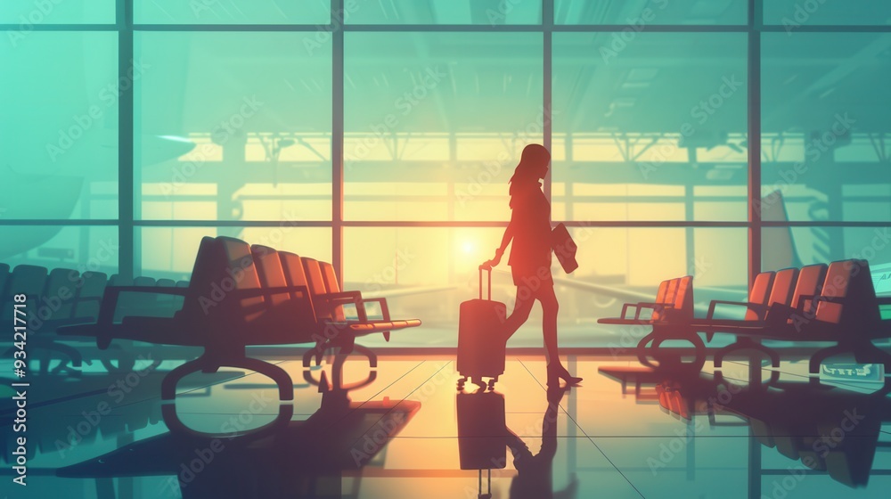Poster a flight attendant is seen walking through the airport terminal, pulling a suitcase, as the sun sets