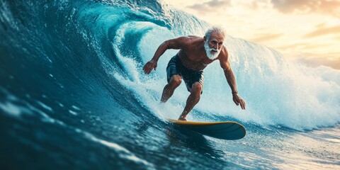 Mature senior adult surfing on a big wave in the ocean, Generative AI