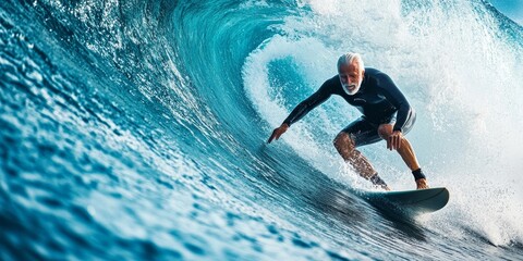Mature senior adult surfing on a big wave in the ocean, Generative AI
