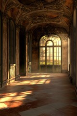 Obraz premium Sunlight Shining Through An Ornate Window In An Empty Hallway