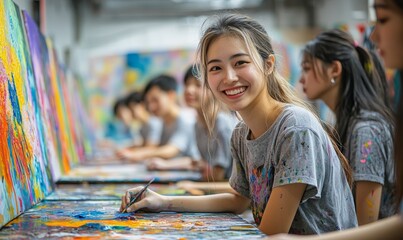 Group of Asian generation z people learning acrylic pouring art on canvas workshop at art studio. Young artist university student enjoy and fun creating colorful abstract modern art, Generative AI