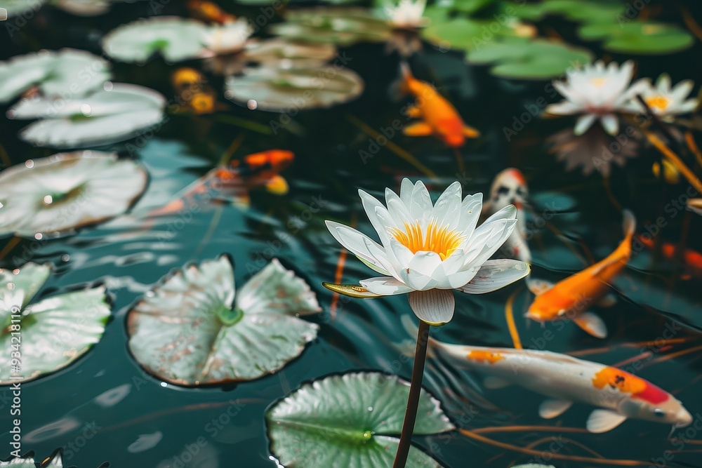 Canvas Prints Tranquil Pond Bloom with Koi