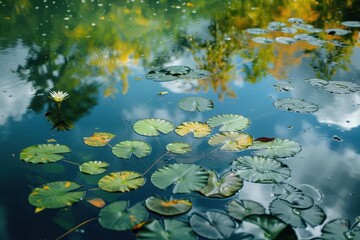 Tranquil Pond with Water Lilies and Reflections