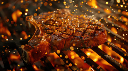 Photograph of juicy steak on the grill, tasty. restaurant.
