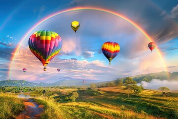 Fototapeta premium Panoramic rainbow, meadow, hot air balloons