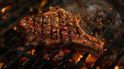 Photograph of juicy steak on the grill, tasty. restaurant.