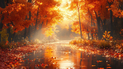River flowing through hazy autumn landscape. Tree branches overhanging river. Fallen leaves float on water surface. Sunlight beams through tree branches.
