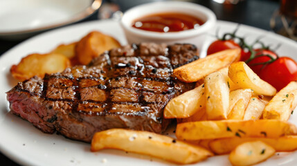 Photograph of a delicious dish with beef, fries and salad. restaurant.
