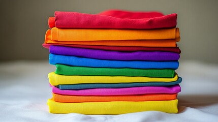 Colorful stack of cotton clothes, close up pile of clothing