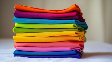 Colorful stack of cotton clothes, close up pile of clothing