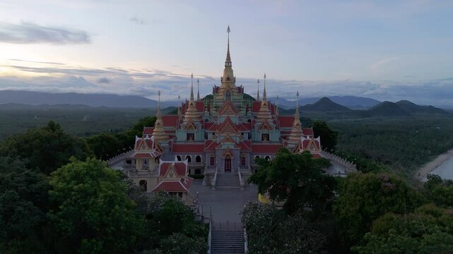 Aerial scenery of Phra Mahathat Chedi Phakdee Prakat temple onThong Chai Hill in Prachuap Khiri Khan province, Thailand