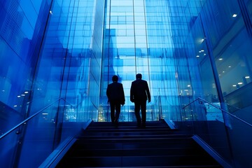 Fototapeta premium Bright and Clean Corporate Office Skyscraper with Reflective Glass Facade Featuring a Sleek Interior Design and Symmetrical Architectural Elements