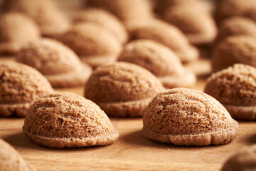 Closeup of freshly baked nut shaped homemade Christmas cookies