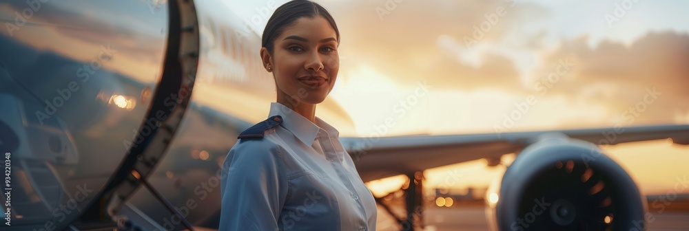 Poster a flight attendant smiles warmly while standing beside an aircraft as the sun sets, creating a vibra