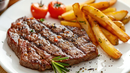 Photograph of a delicious dish with beef, fries and salad. restaurant.