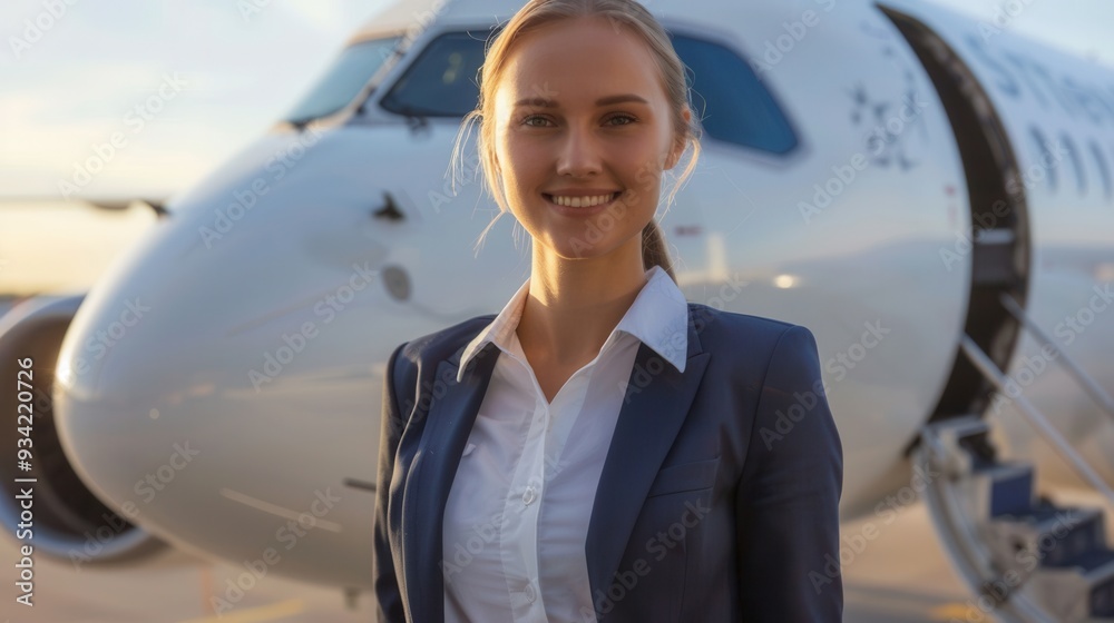 Poster a professional flight attendant stands in a stylish uniform, smiling warmly against the backdrop of 