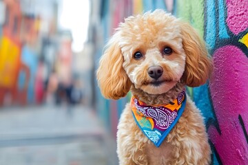 Adorable and playful poodle dog posing confidently in a vibrant urban setting wearing a colorful bandana accessory against a backdrop of bright and textured wall art