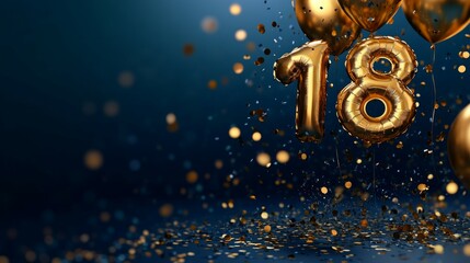 Number 18 from balloons and flying balloons on dark blue background. 18th birthday celebration concept with confetti and gold balloons
