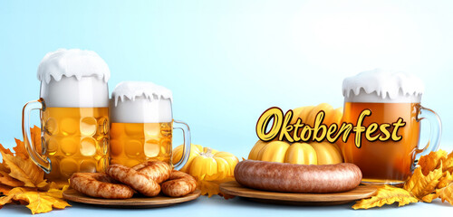 Oktoberfest banner: beer mugs, sausages, and festive autumn decorations at your local event