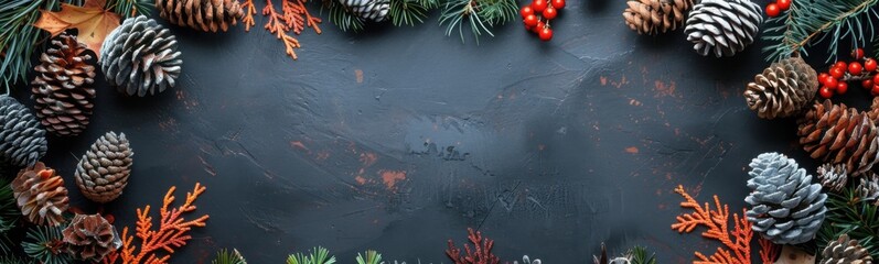 Black background with pine cones and red berries, christmas background, banner, copy space