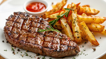 Photograph of a delicious dish with beef, fries and salad. Restaurant.