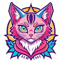  Vibrant Pink and Blue Cat Illustration with Geometric Patterns