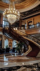 Obraz premium Opulent Neoclassical Hotel Lobby with Dramatic Spiral Staircase and Ornate Chandeliers