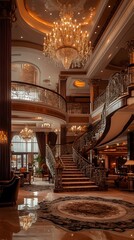 Obraz premium Opulent Neo Classical Hotel Lobby with Ornate Chandeliers and Spiral Staircase