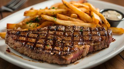 Photograph of a delicious dish with beef, fries and salad. Restaurant.