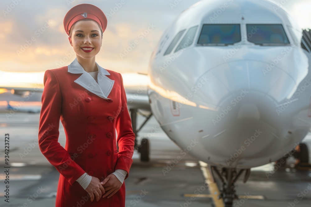 Poster a flight attendant in a red uniform poses next to an airplane on the tarmac as the sun sets, ready t