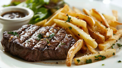 Photograph of a delicious dish with beef, fries and salad. Restaurant.