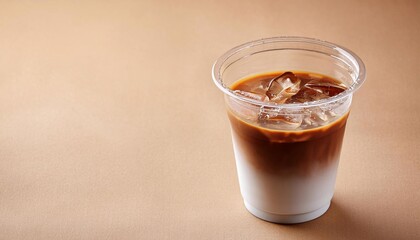 plastic cup with coffee with milk, ice cubes on a gray background. coffee shop concept
