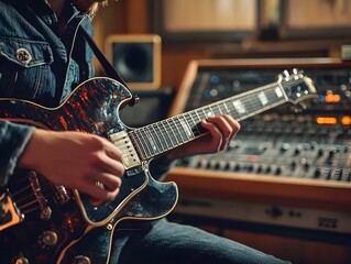 Obraz premium Skilled Musician Expertly Recording Guitar Track in Professional Recording Studio