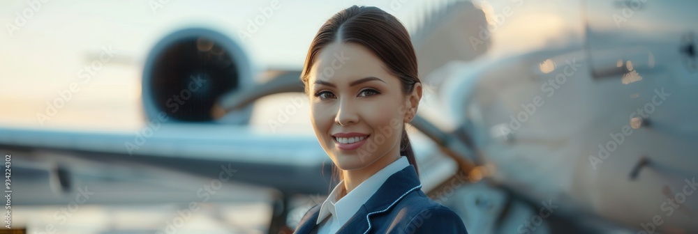 Poster a flight attendant smiles warmly while standing next to an aircraft during the evening sunlight, emb